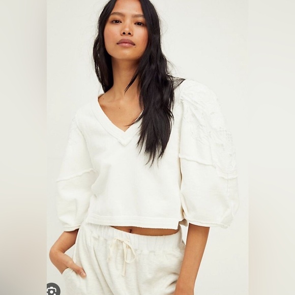 Free People Alyssa Rose Crochet Embroidered Sleeve Cropped Pullover Sweatshirt - Picture 1 of 7